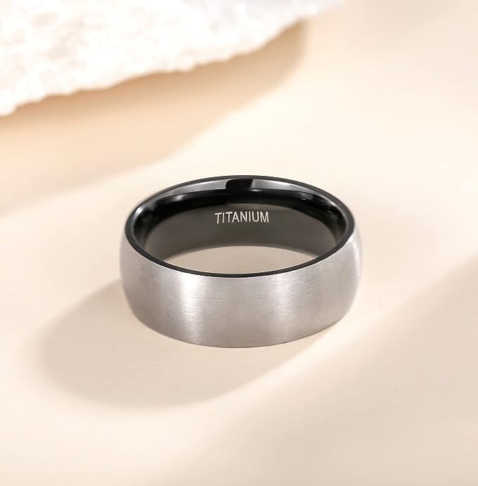 Genuine Titanium Silver Brushed Black 8mm Wide Dome Ring Wedding Band High Polished Comfort Fit.