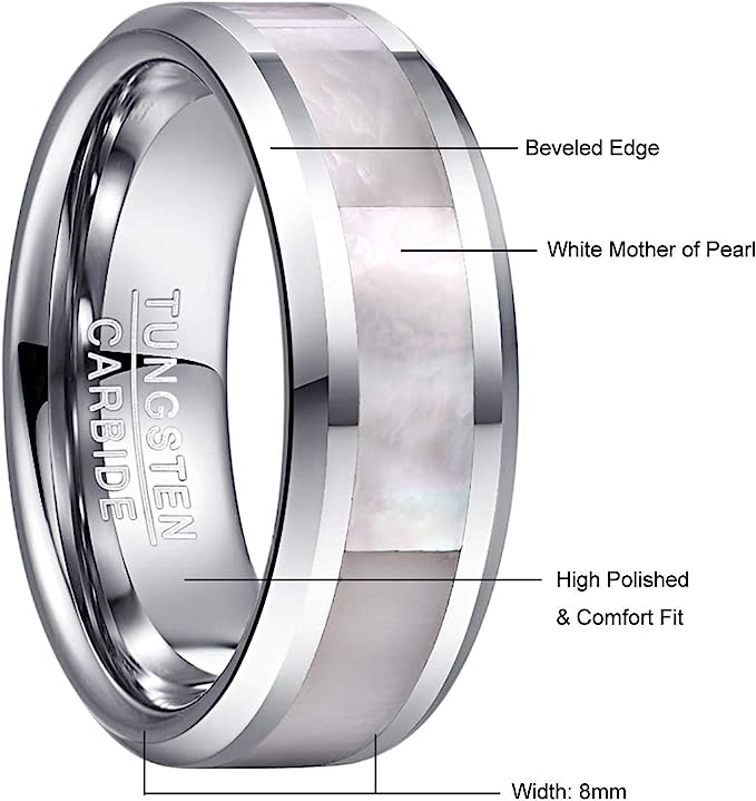 Genuine Carbide Tungsten Color: 8mm Mother of Pearl inlay Silver Inner high polished inner-face design smooth and shiny. Comfort Fit Wedding Band Size 6-15