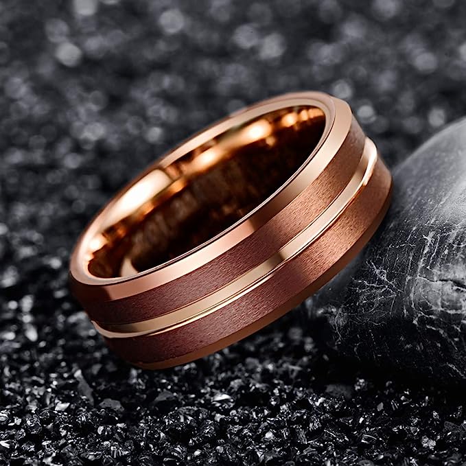 Genuine Tungsten Carbide 8mm matte brushed finish, brown + rose gold design high polish inner face beveled edge center comfort fit wedding band ,Size 6-15
