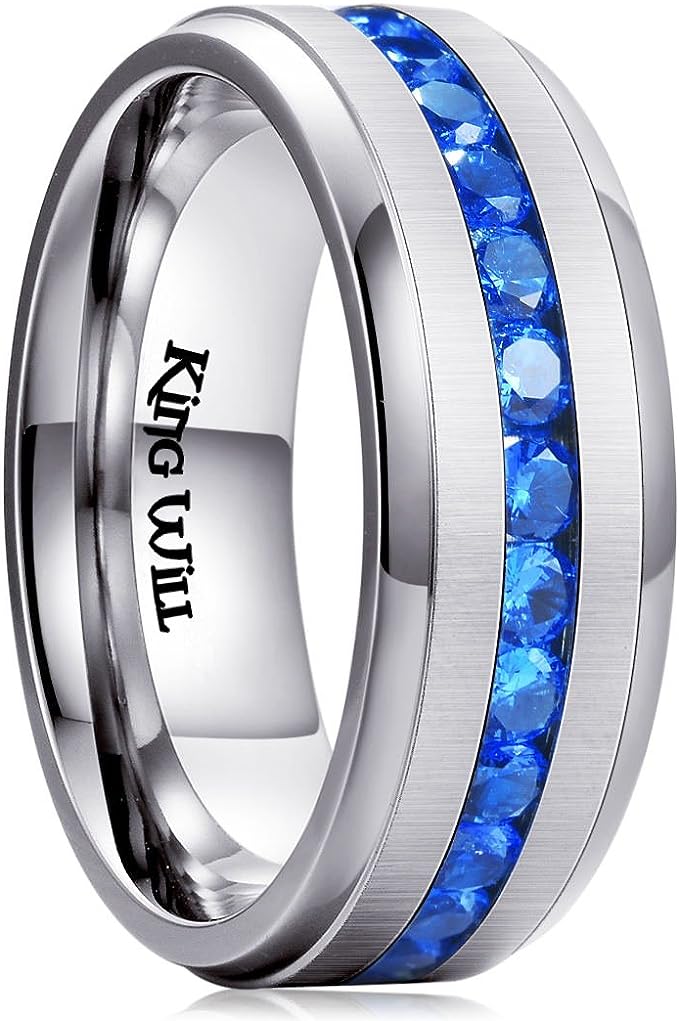 Genuine Titanium Silver 8mm Wide Ring Blue Cubic Zirconia Eternity High Polished Comfort Fit.