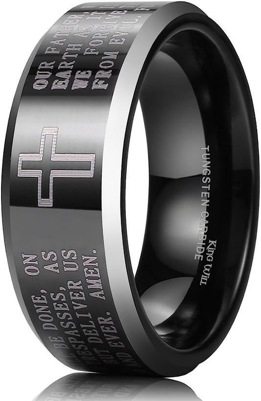 Genuine Carbide Tungsten Color: BLACK 8mm Laser Lord's Prayer Cross Ring BLACK Lasered Gorgeous Stunning Polished Shiny Comfort Fit Wedding Band Size Size 6-15