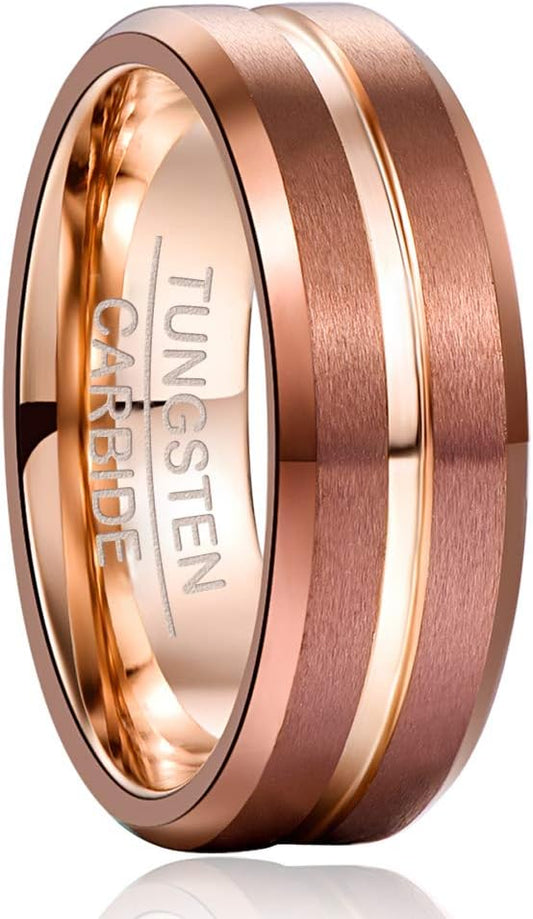 Genuine Tungsten Carbide 8mm matte brushed finish, brown + rose gold design high polish inner face beveled edge center comfort fit wedding band ,Size 6-15