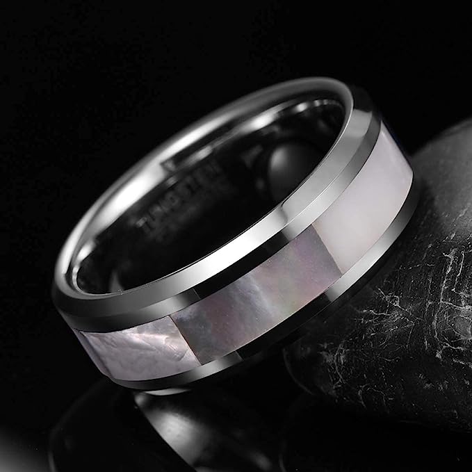 Genuine Carbide Tungsten Color: 8mm Mother of Pearl inlay Silver Inner high polished inner-face design smooth and shiny. Comfort Fit Wedding Band Size 6-15