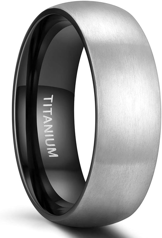 Genuine Titanium Silver Brushed Black 8mm Wide Dome Ring Wedding Band High Polished Comfort Fit.