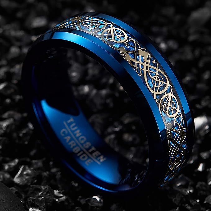 Genuine Carbide Tungsten Color: Celtic Dragon BLUE Carbon Fiber 8mm RING Polished Shiny Comfort Fit Wedding Band Size Size 6-15