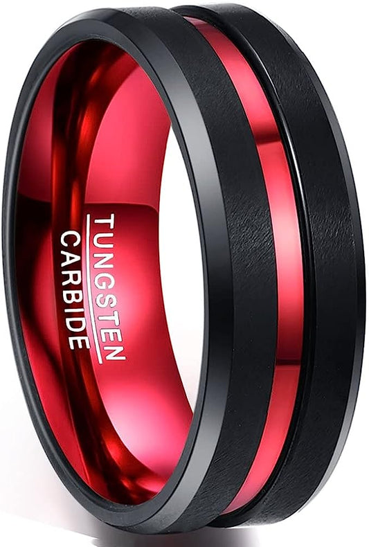 One: Genuine Tungsten Carbide 8mm black finish red grooved polished beveled edge center comfort fit wedding band ,Size 6-15