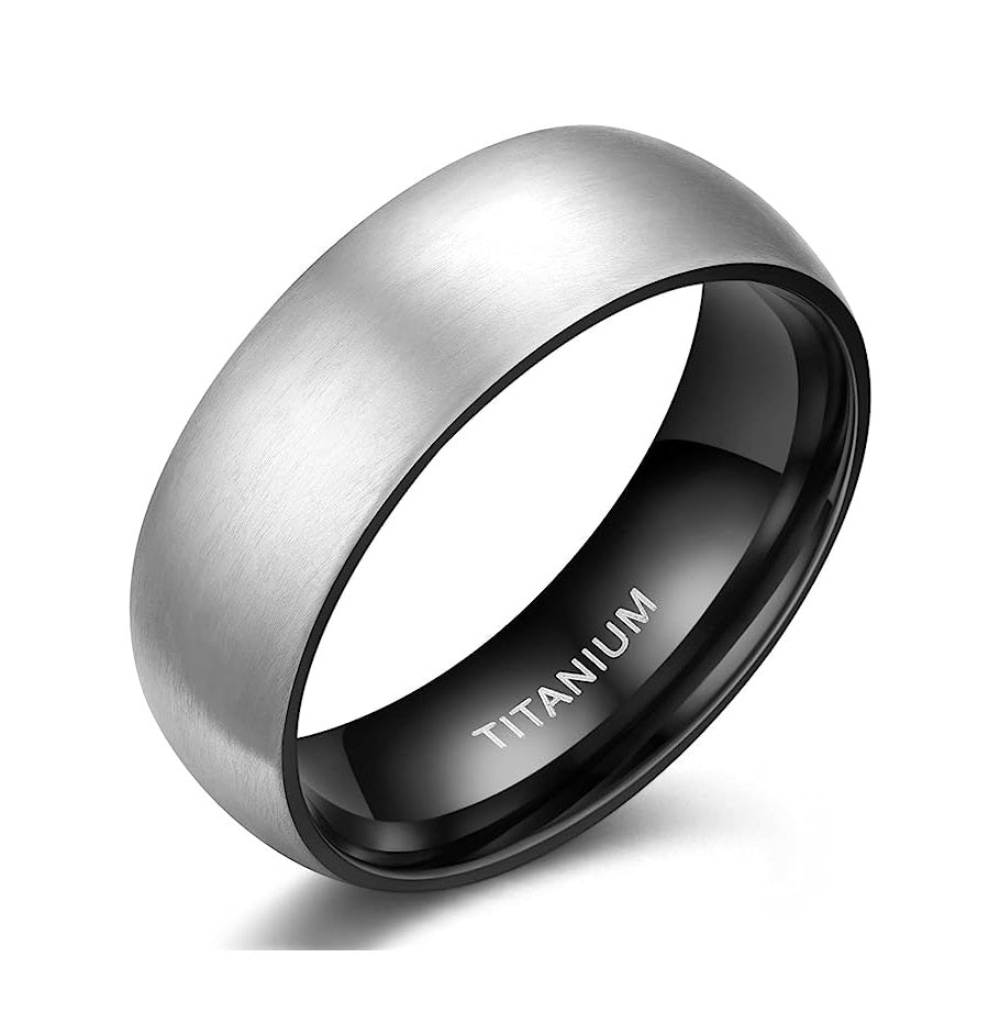 Genuine Titanium Silver Brushed Black 8mm Wide Dome Ring Wedding Band High Polished Comfort Fit.