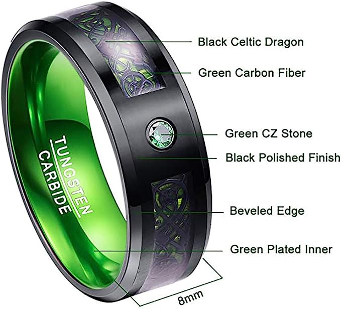 Genuine Carbide Tungsten Color: GREEN Black Celtic Dragon GREEN Carbon Fiber 8mm RING Polished Shiny Comfort Fit Wedding Band Size Size 6-15