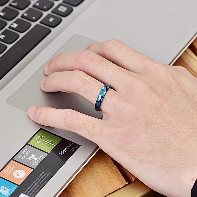 Genuine Carbide Tungsten Color: BLUE Multi Faceted Edge Center 4mm RING   High Polish inner face makes it smooth and shiny Comfort Fit Wedding Band Size 6-15