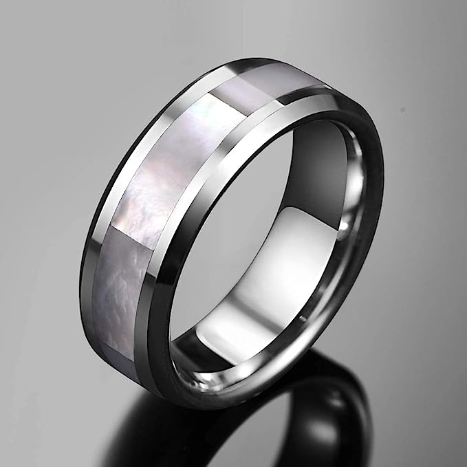 Genuine Carbide Tungsten Color: 8mm Mother of Pearl inlay Silver Inner high polished inner-face design smooth and shiny. Comfort Fit Wedding Band Size 6-15