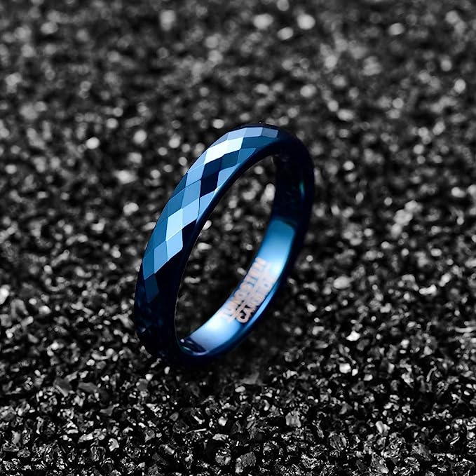 Genuine Carbide Tungsten Color: BLUE Multi Faceted Edge Center 4mm RING   High Polish inner face makes it smooth and shiny Comfort Fit Wedding Band Size 6-15