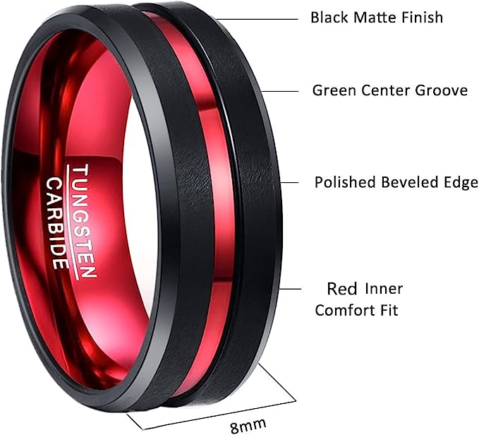 One: Genuine Tungsten Carbide 8mm black finish red grooved polished beveled edge center comfort fit wedding band ,Size 6-15