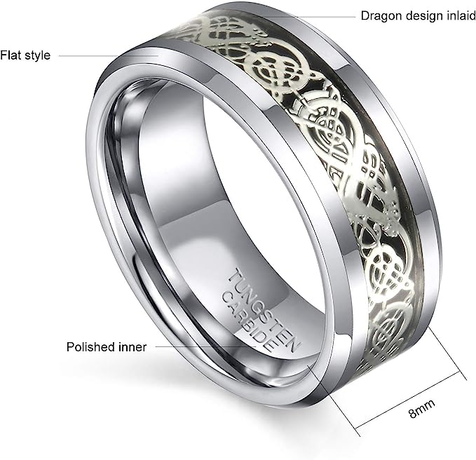 Genuine Carbide Tungsten Color: SILVER Celtic Dragon SILVER Fiber Inlay 8mm RING Polished Shiny Comfort Fit Wedding Band Size Size 6-15