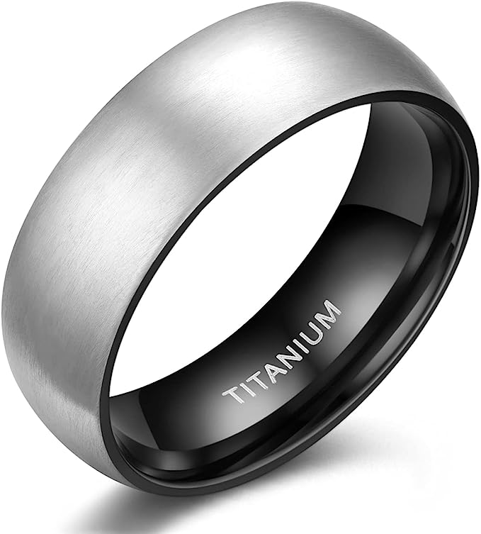 Genuine Titanium Silver Brushed Black 8mm Wide Dome Ring Wedding Band High Polished Comfort Fit.