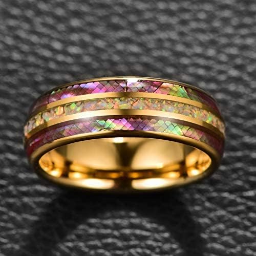 Genuine Carbide Tungsten Color: 8mm Gold Silver Green Opal Inlay High polished inner-face design smooth and shiny. Comfort Fit Wedding Band Size 6-15