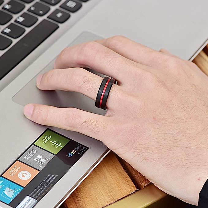 One: Genuine Tungsten Carbide 8mm black finish red grooved polished beveled edge center comfort fit wedding band ,Size 6-15