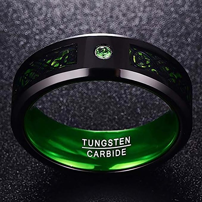 Genuine Carbide Tungsten Color: GREEN Black Celtic Dragon GREEN Carbon Fiber 8mm RING Polished Shiny Comfort Fit Wedding Band Size Size 6-15