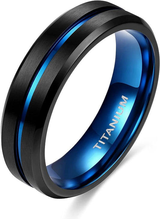 Genuine Titanium Black Blue Groove Center 6mm Wide Ring Wedding Band High Polished Comfort Fit.