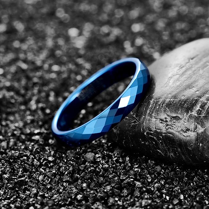 Genuine Carbide Tungsten Color: BLUE Multi Faceted Edge Center 4mm RING   High Polish inner face makes it smooth and shiny Comfort Fit Wedding Band Size 6-15