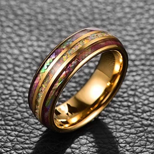 Genuine Carbide Tungsten Color: 8mm Gold Silver Green Opal Inlay High polished inner-face design smooth and shiny. Comfort Fit Wedding Band Size 6-15