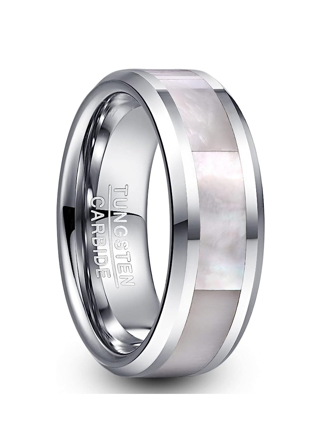 Genuine Carbide Tungsten Color: 8mm Mother of Pearl inlay Silver Inner high polished inner-face design smooth and shiny. Comfort Fit Wedding Band Size 6-15