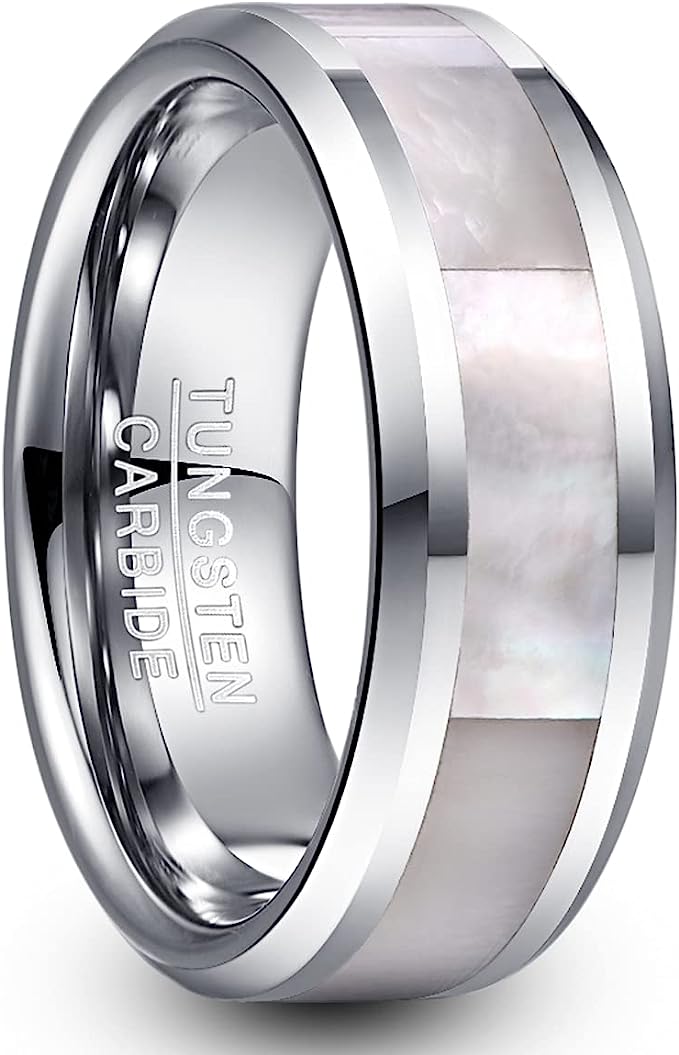 Genuine Carbide Tungsten Color: 8mm Mother of Pearl inlay Silver Inner high polished inner-face design smooth and shiny. Comfort Fit Wedding Band Size 6-15