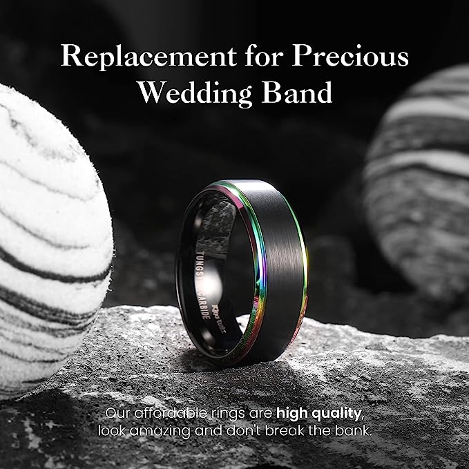 Genuine Carbide Tungsten Color: 8mm Black Brushed and Black Inner high polished inner-face design smooth and shiny. Comfort Fit Wedding Band Size 6-15