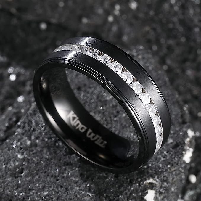 Genuine Titanium Black 8mm Wide Ring Cubic Zirconia Eternity High Polished Comfort Fit.