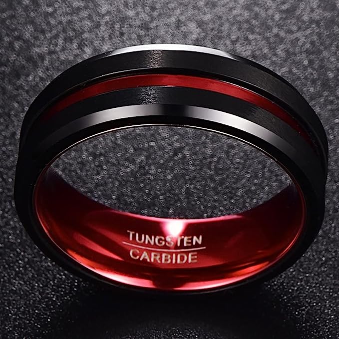 One: Genuine Tungsten Carbide 8mm black finish red grooved polished beveled edge center comfort fit wedding band ,Size 6-15