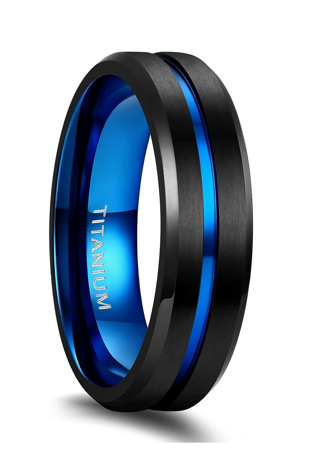 Genuine Titanium Black Blue Groove Center 6mm Wide Ring Wedding Band High Polished Comfort Fit.