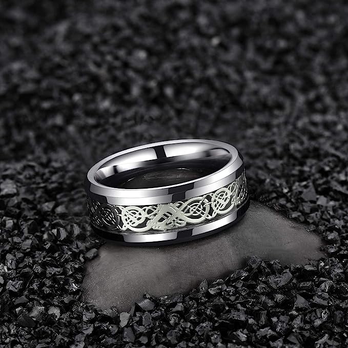 Genuine Carbide Tungsten Color: SILVER Celtic Dragon SILVER Fiber Inlay 8mm RING Polished Shiny Comfort Fit Wedding Band Size Size 6-15