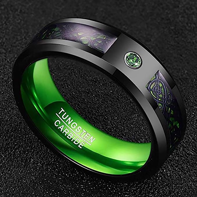 Genuine Carbide Tungsten Color: GREEN Black Celtic Dragon GREEN Carbon Fiber 8mm RING Polished Shiny Comfort Fit Wedding Band Size Size 6-15