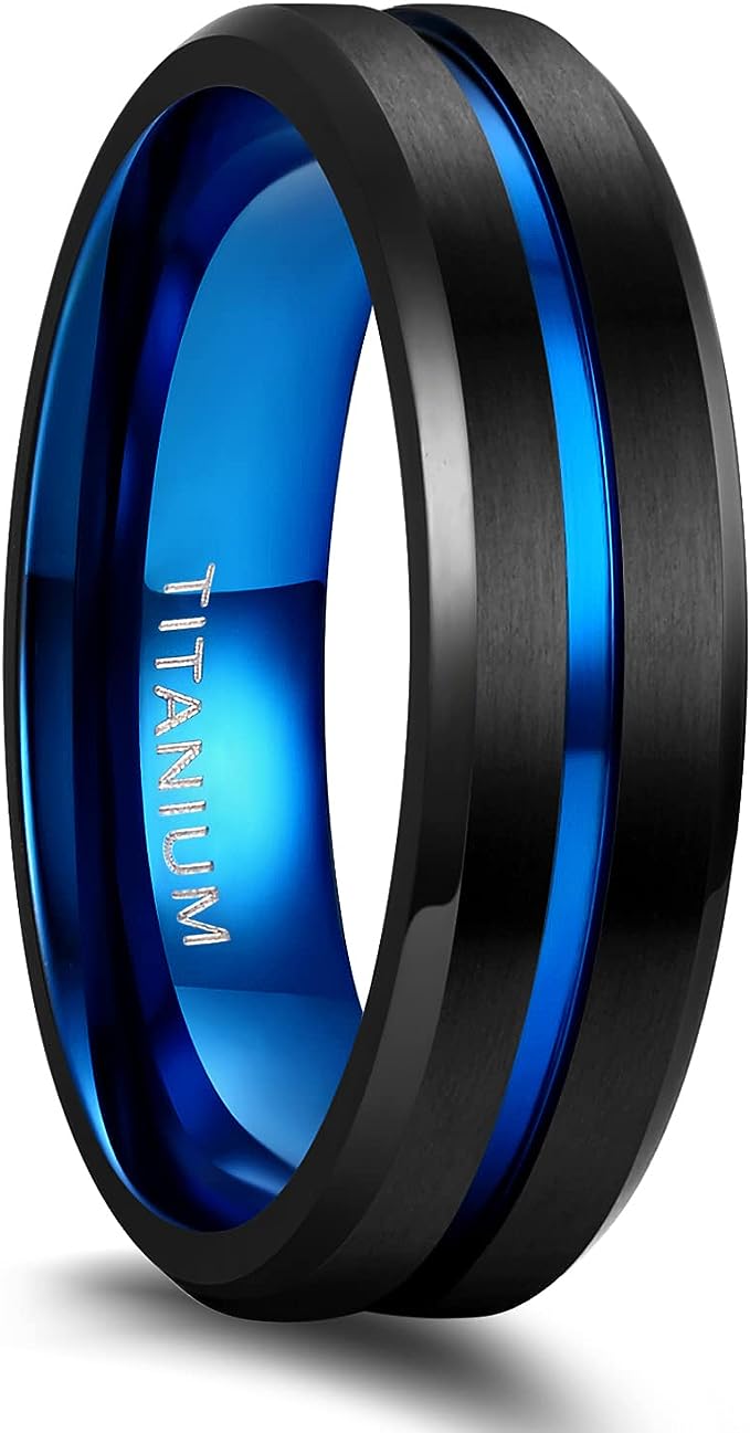 Genuine Titanium Black Blue Groove Center 6mm Wide Ring Wedding Band High Polished Comfort Fit.