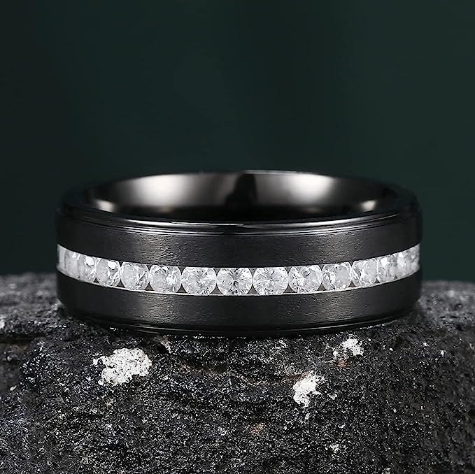 Genuine Titanium Black 8mm Wide Ring Cubic Zirconia Eternity High Polished Comfort Fit.