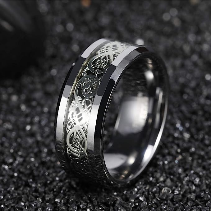 Genuine Carbide Tungsten Color: SILVER Celtic Dragon SILVER Fiber Inlay 8mm RING Polished Shiny Comfort Fit Wedding Band Size Size 6-15