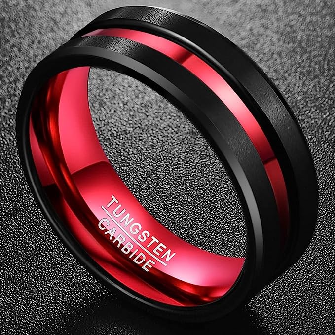 One: Genuine Tungsten Carbide 8mm black finish red grooved polished beveled edge center comfort fit wedding band ,Size 6-15