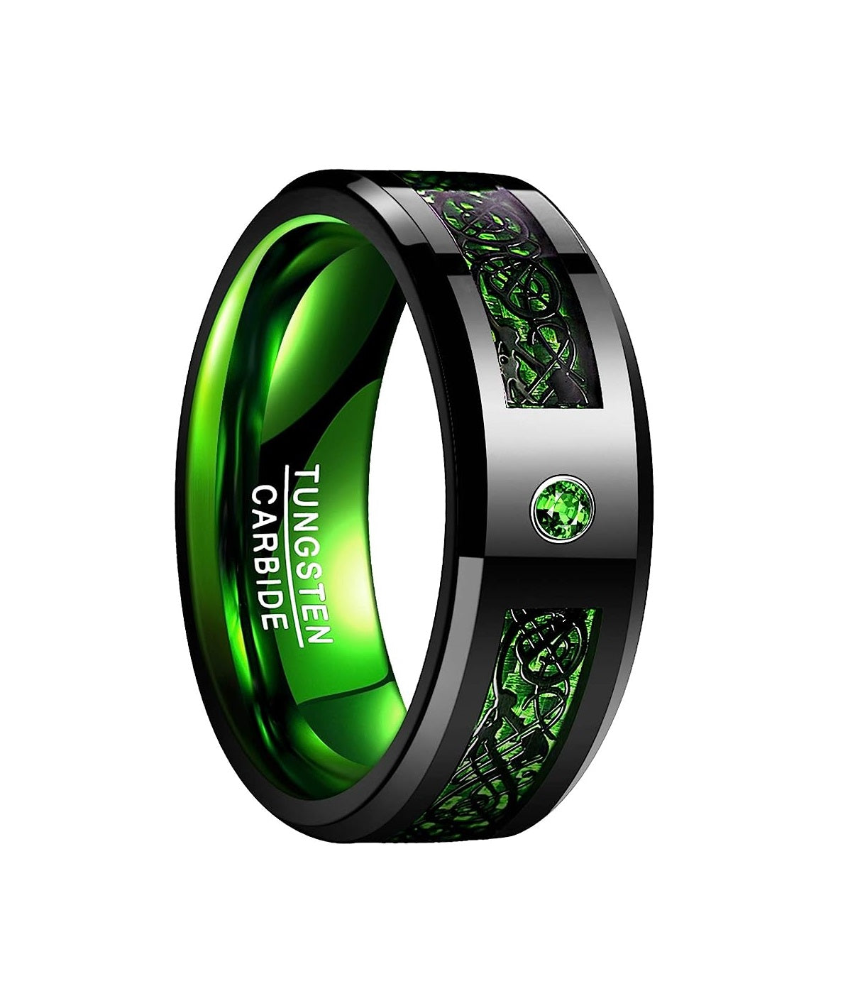 Genuine Carbide Tungsten Color: GREEN Black Celtic Dragon GREEN Carbon Fiber 8mm RING Polished Shiny Comfort Fit Wedding Band Size Size 6-15