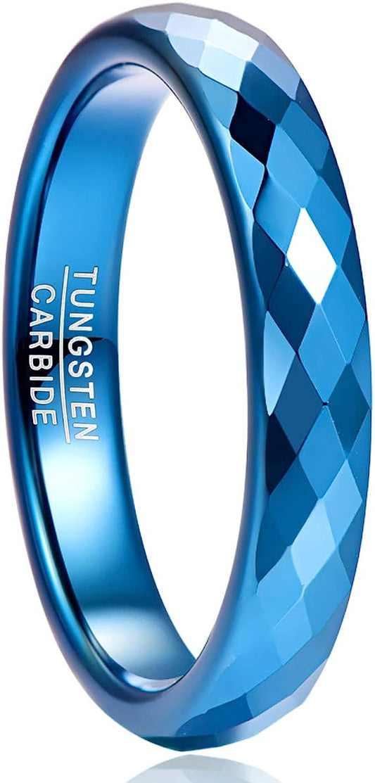 Genuine Carbide Tungsten Color: BLUE Multi Faceted Edge Center 4mm RING   High Polish inner face makes it smooth and shiny Comfort Fit Wedding Band Size 6-15