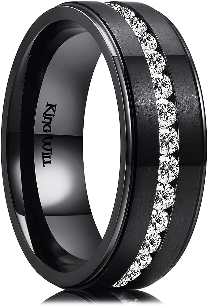 Genuine Titanium Black 8mm Wide Ring Cubic Zirconia Eternity High Polished Comfort Fit.