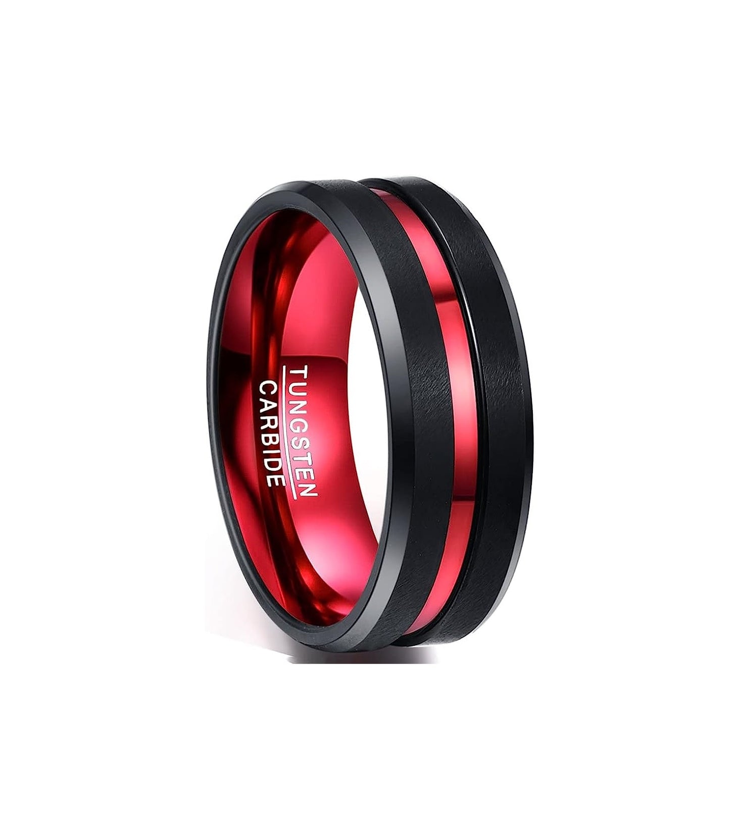 One: Genuine Tungsten Carbide 8mm black finish red grooved polished beveled edge center comfort fit wedding band ,Size 6-15