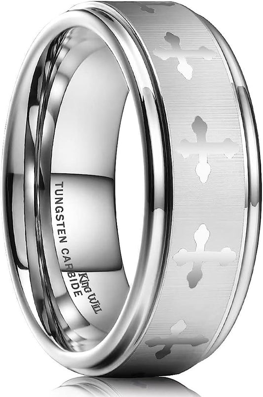 Genuine Carbide Tungsten Color: SILVER 8mm Laser Lord's Prayer Cross Ring Silver Lasered Gorgeous Stunning Polished Shiny Comfort Fit Wedding Band Size Size 6-15