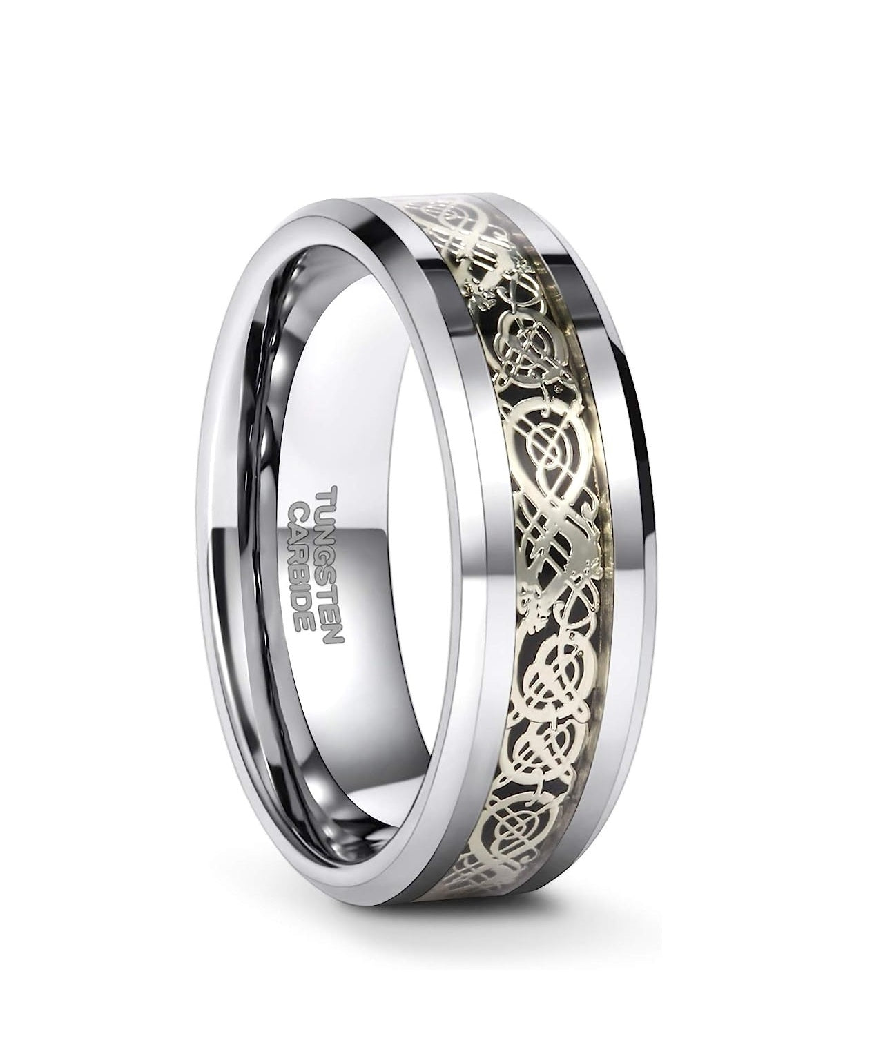 Genuine Carbide Tungsten Color: SILVER Celtic Dragon SILVER Fiber Inlay 8mm RING Polished Shiny Comfort Fit Wedding Band Size Size 6-15