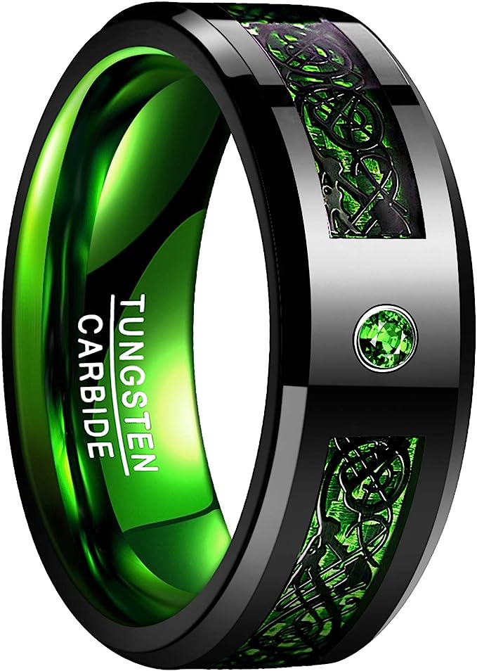 Genuine Carbide Tungsten Color: GREEN Black Celtic Dragon GREEN Carbon Fiber 8mm RING Polished Shiny Comfort Fit Wedding Band Size Size 6-15