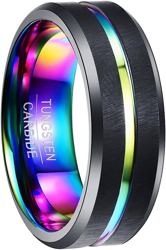 Genuine Tungsten Carbide 8mm green/red/purple/blue multi-color center groove black matte finish polished beveled edge comfort fit wedding band Size 6-15