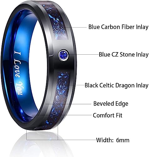 Genuine Carbide Tungsten Color: BLUE Black Celtic Dragon / Blue Carbon Fiber 6mm RING Polished Shiny Comfort Fit Wedding Band Size Size 7-17