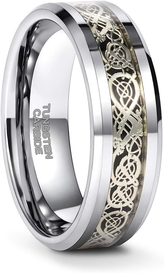 Genuine Carbide Tungsten Color: SILVER Celtic Dragon SILVER Fiber Inlay 8mm RING Polished Shiny Comfort Fit Wedding Band Size Size 6-15