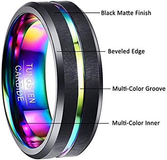 Genuine Tungsten Carbide 8mm green/red/purple/blue multi-color center groove black matte finish polished beveled edge comfort fit wedding band Size 6-15