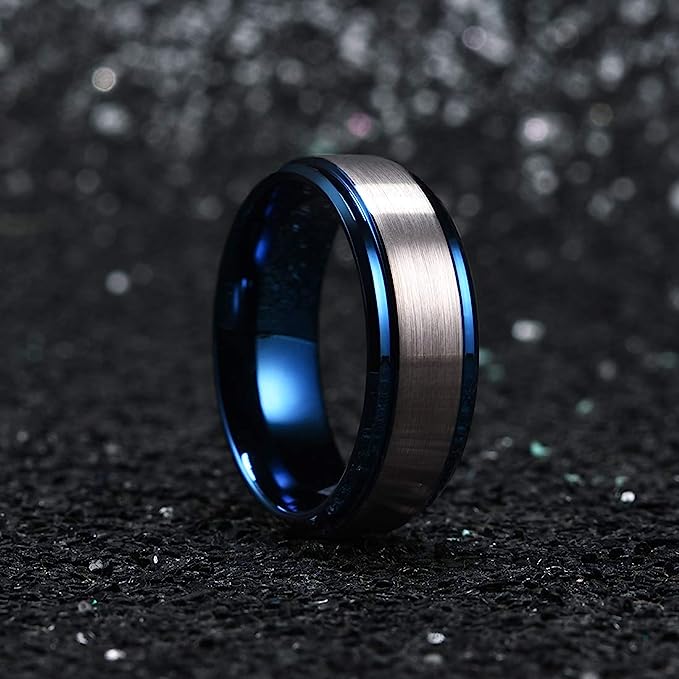 Genuine Carbide Tungsten Color: 8mm Silver Brushed and Blue Inner high polished inner-face design smooth and shiny. Comfort Fit Wedding Band Size 6-1