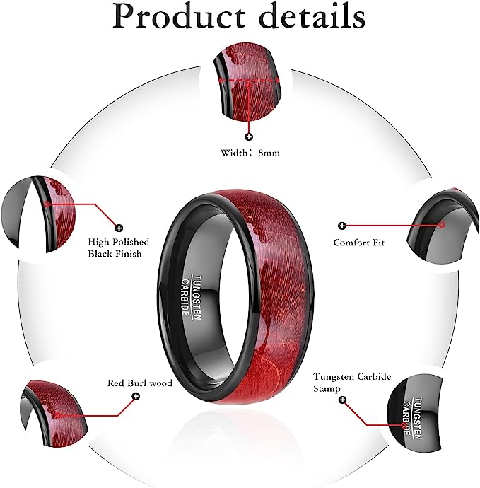 Genuine Carbide Tungsten Color: BLACK RED Burl Wood Inlay Center Inlay 8mm RING Polished Shiny Comfort Fit Wedding Band Size Size 7-12