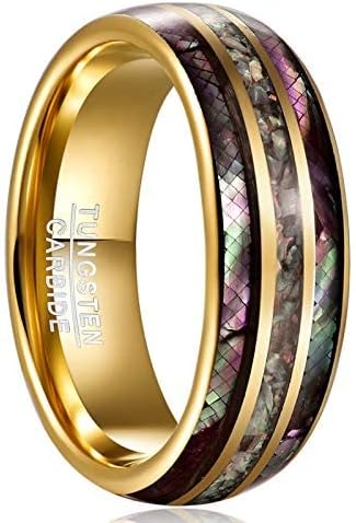 Genuine Carbide Tungsten Color: 8mm Gold Silver Green Opal Inlay High polished inner-face design smooth and shiny. Comfort Fit Wedding Band Size 6-15